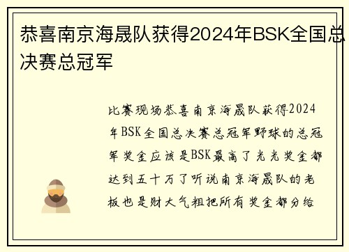 恭喜南京海晟队获得2024年BSK全国总决赛总冠军